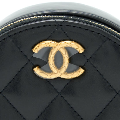 Chanel 22K Gold Pillar Round Clutch With Chain Lambskin Black Brushed