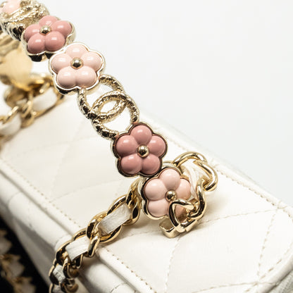 Chanel 23k Camellia Top Handle Long Vanity Case With Chain Calfskin White L (Microchip)