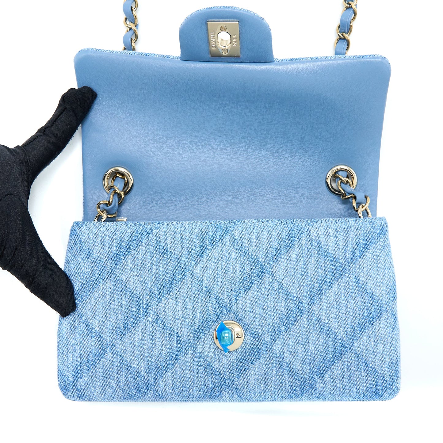 Chanel 22B Mini Rectangular Denim Light Blue L (Microchip)