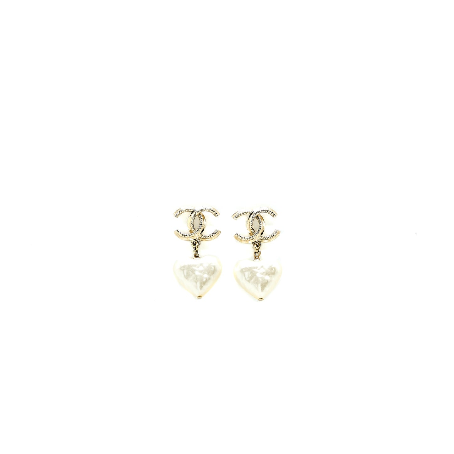 Chanel 22C CC Logo Heart Drop Earring Light Gold Tone
