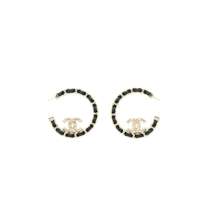 Chanel 22P Round CC With Black Leather Earrings Light Gold Tone