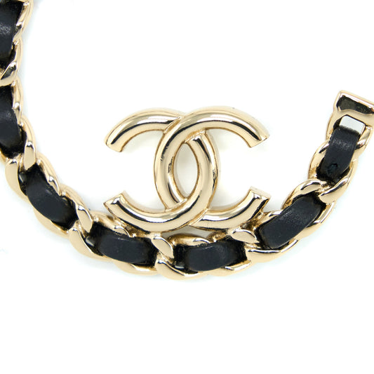 Chanel 22P Round CC With Black Leather Earrings Light Gold Tone