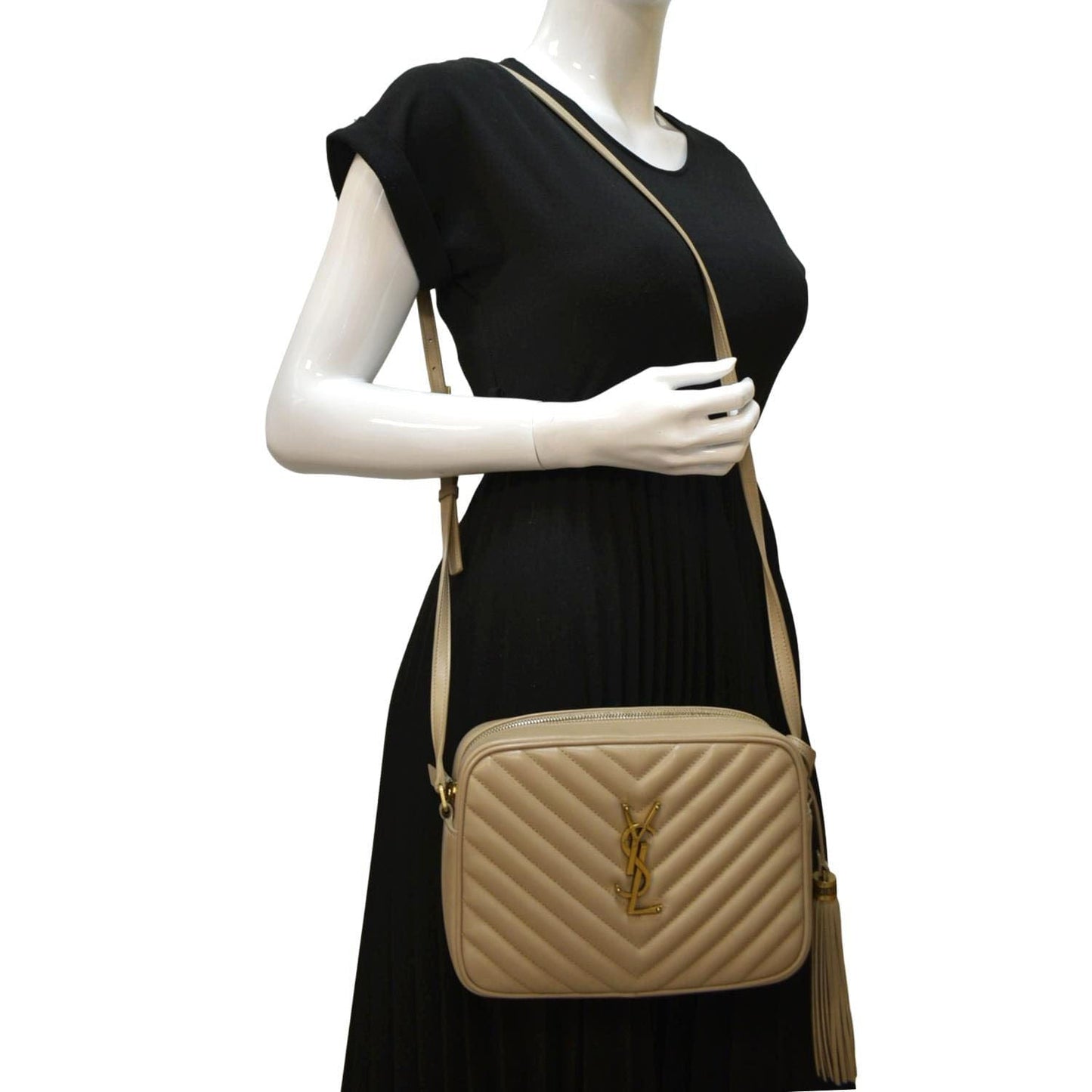 YVES SAINT LAURENT Lou Chevron Leather Camera Crossbody Bag Beige