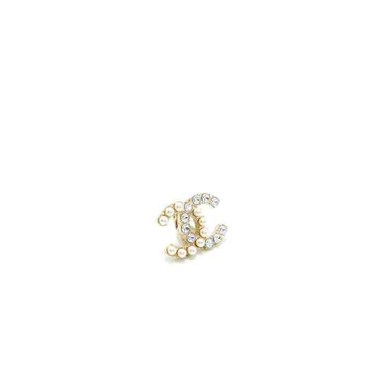 Chanel CC Logo Crystal And Pearl Ear Clips Light Gold Tone