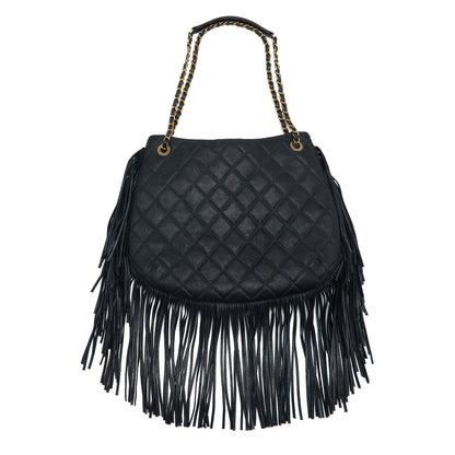 Chanel Tassel Hobo Bag Fringed Shiny Calfskin Black Brushed