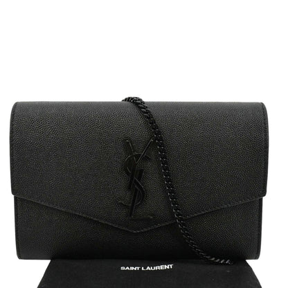 YVES SAINT LAURENT Uptown Gain De Poudre Embossed Leather Crossbody Chain Wallet Black