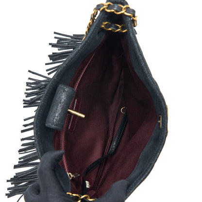 Chanel Tassel Hobo Bag Fringed Shiny Calfskin Black Brushed