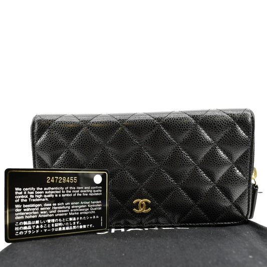 CHANEL Zip Around Quilted Caviar Leather Wallet Black