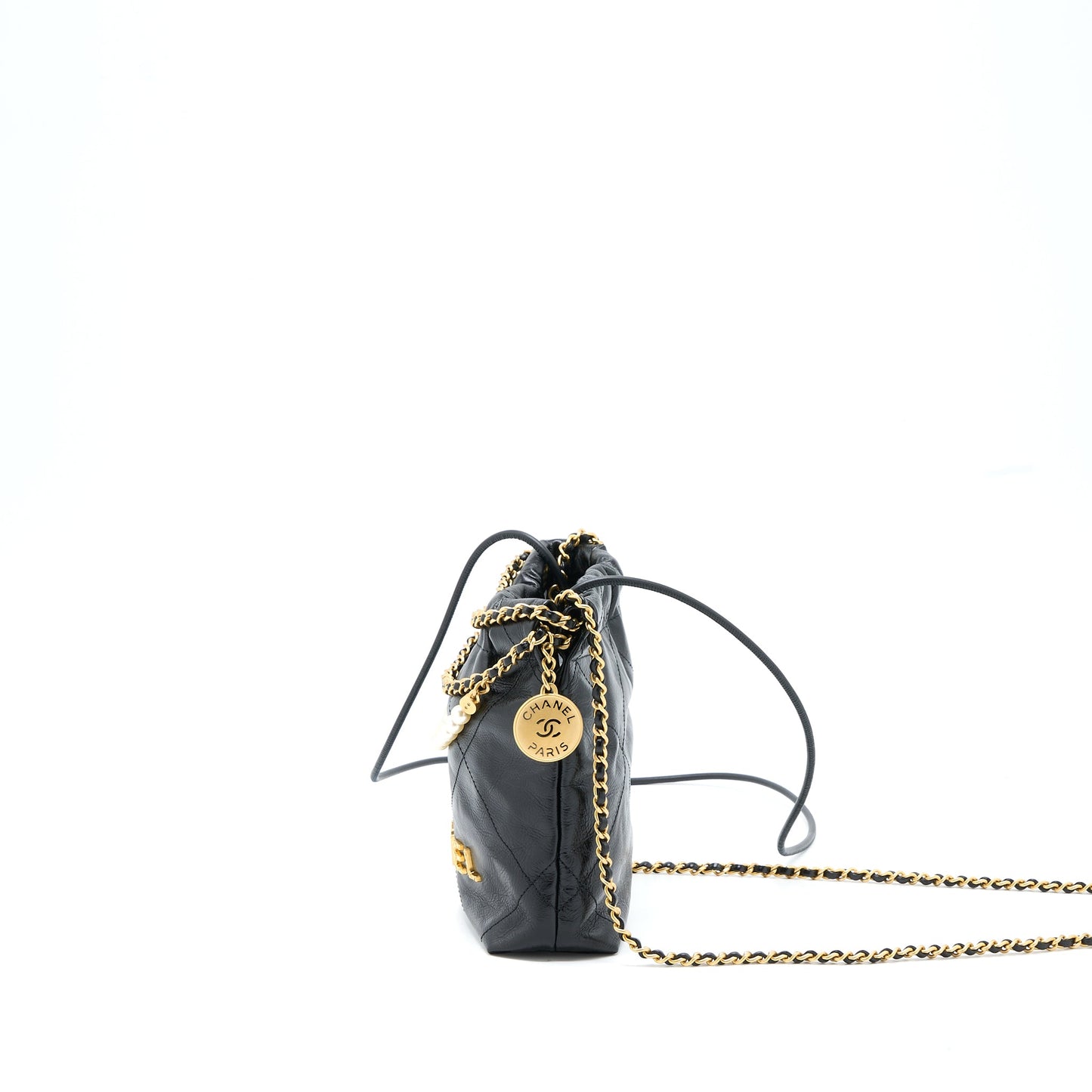 Chanel 23S Mini 22 Bag with Pearl Shiny Calfskin Black  (Microchip)