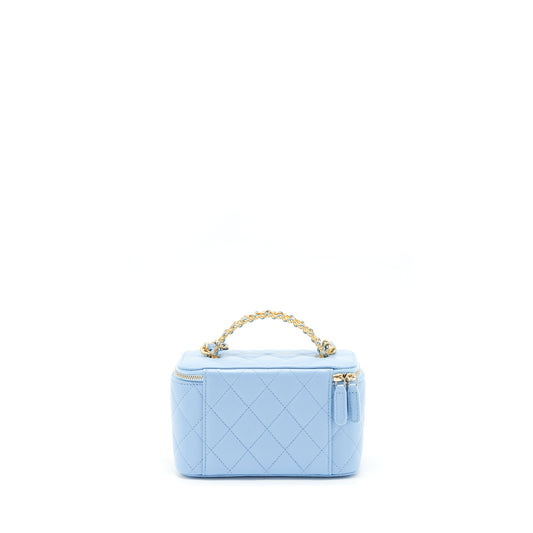 Chanel 22S Letter Logo Top Handle Long Vanity With Chain Caviar Light Blue