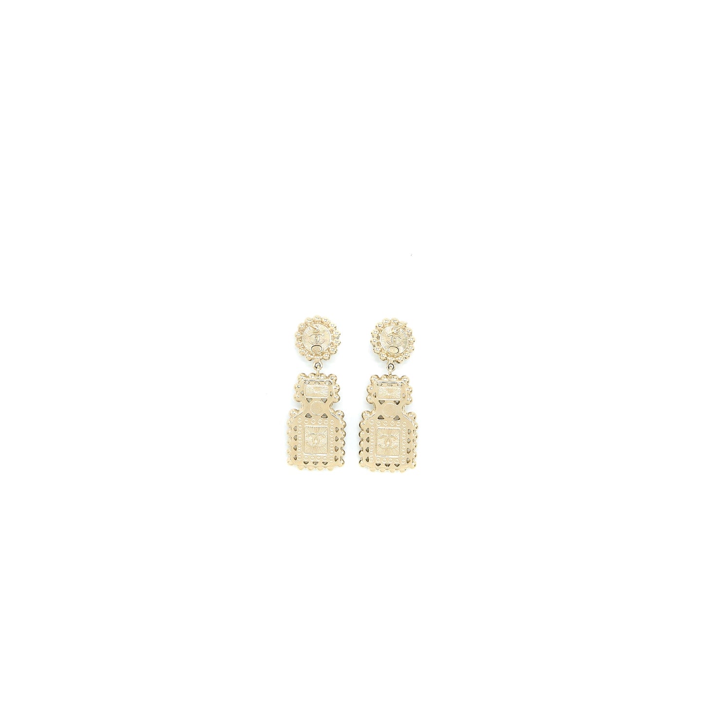 Chanel Perfume Bottle CC Logo Earrings Crystal/Pearl Black Light Gold Tone