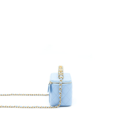 Chanel 22S Letter Logo Top Handle Long Vanity With Chain Caviar Light Blue