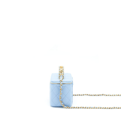 Chanel 22S Letter Logo Top Handle Long Vanity With Chain Caviar Light Blue