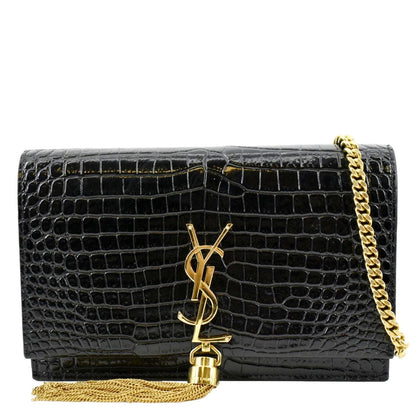 YVES SAINT LAURENT Kate Crocodile Embossed Patent Leather Shoulder Bag Black