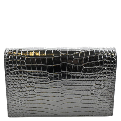 YVES SAINT LAURENT Kate Crocodile Embossed Patent Leather Shoulder Bag Black