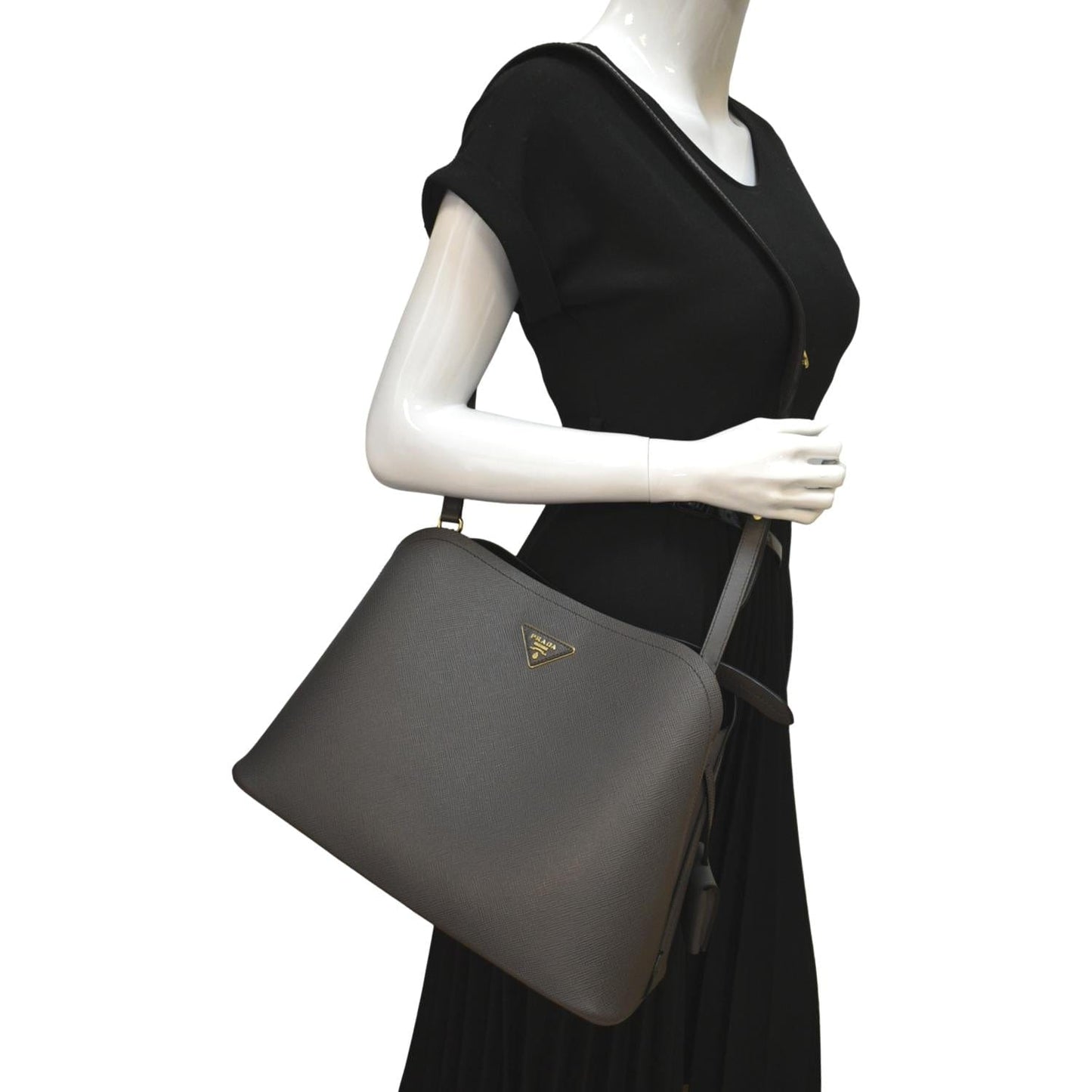 PRADA Matinee Saffiano Leather Shoulder Bag Fumo
