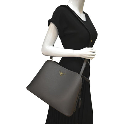 PRADA Matinee Saffiano Leather Shoulder Bag Fumo