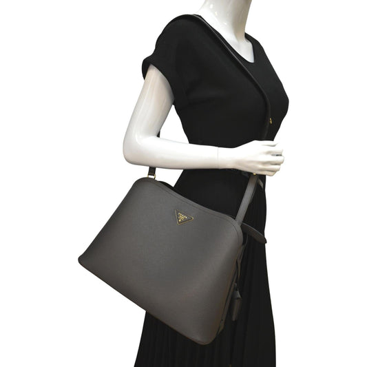 PRADA Matinee Saffiano Leather Shoulder Bag Fumo