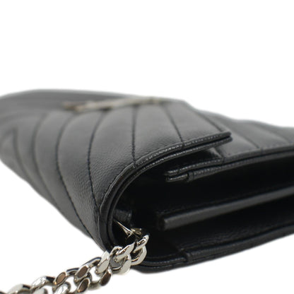 YVES SAINT LAURENT Cassandre Chain Wallet Leather Crossbody Bag Black