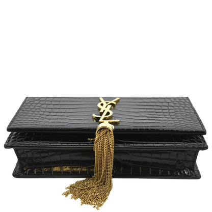 YVES SAINT LAURENT Kate Crocodile Embossed Patent Leather Shoulder Bag Black