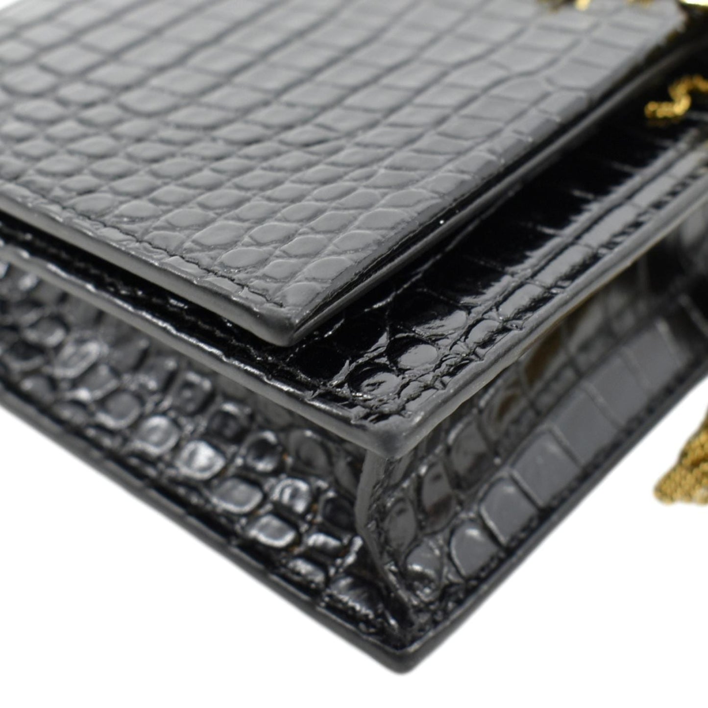 YVES SAINT LAURENT Kate Crocodile Embossed Patent Leather Shoulder Bag Black