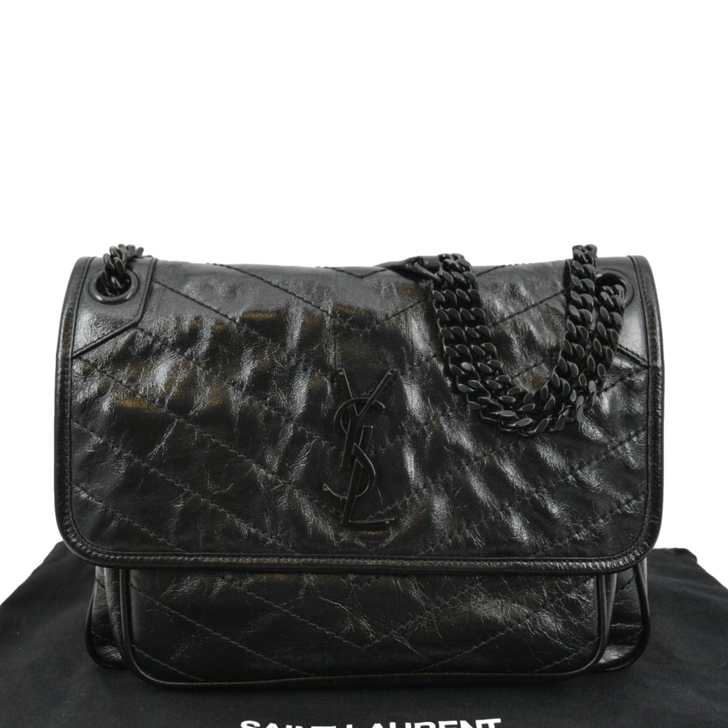 YVES SAINT LAURENT Niki Baby Crinkle Leather Shoulder Bag Black