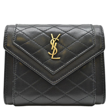 YVES SAINT LAURENT Gaby Compact Tri Fold Small Quilted Leather Wallet Black
