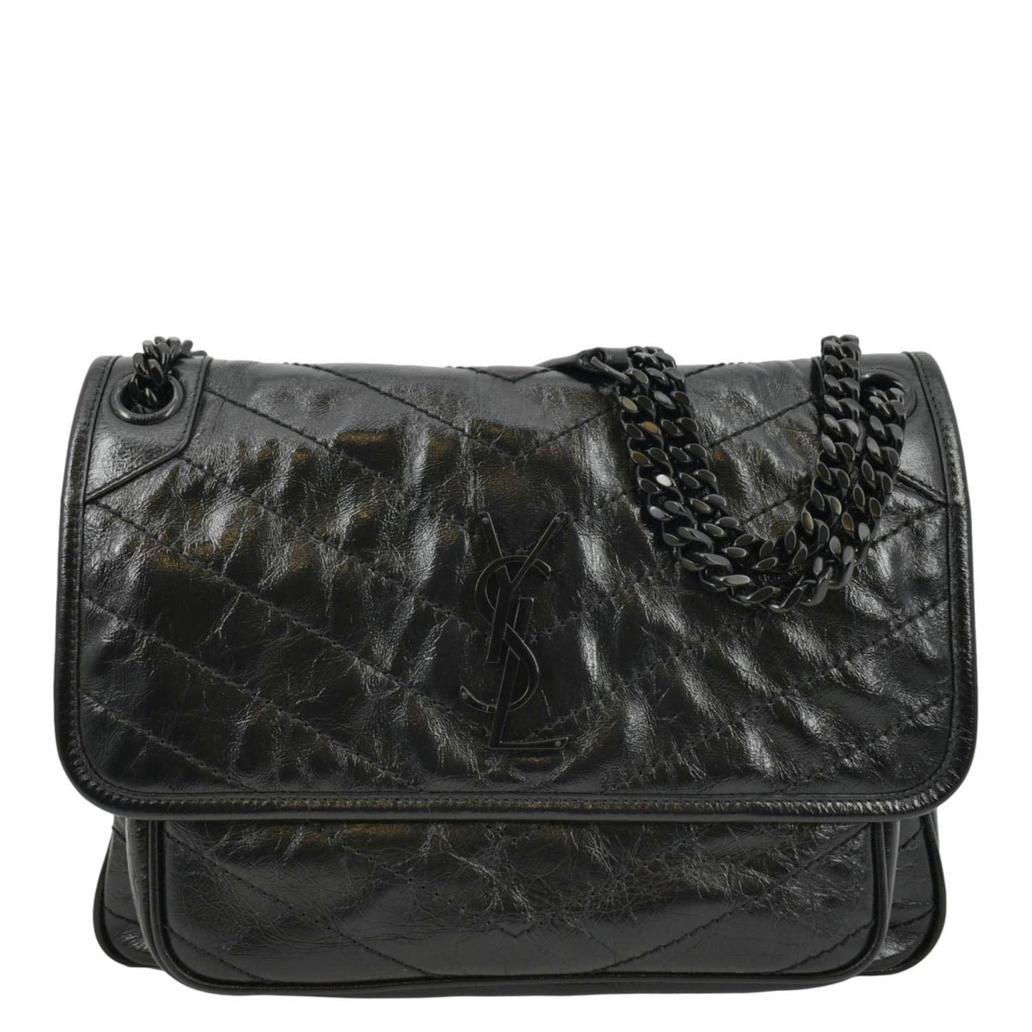 YVES SAINT LAURENT Niki Baby Crinkle Leather Shoulder Bag Black