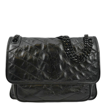 YVES SAINT LAURENT Niki Baby Crinkle Leather Shoulder Bag Black
