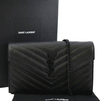YVES SAINT LAURENT Cassandre Chain Wallet Leather Crossbody Bag Black
