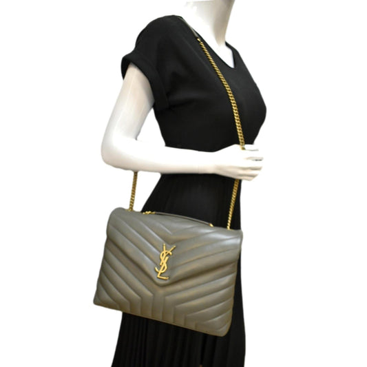 YVES SAINT LAURENT Medium Loulou Matelasse Leather Chain Shoulder Bag Neutral Grey