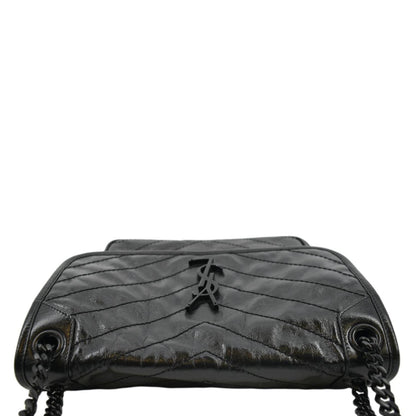 YVES SAINT LAURENT Niki Baby Crinkle Leather Shoulder Bag Black