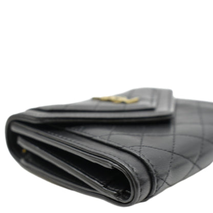 YVES SAINT LAURENT Gaby Compact Tri Fold Small Quilted Leather Wallet Black