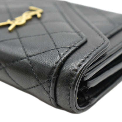 YVES SAINT LAURENT Gaby Compact Tri Fold Small Quilted Leather Wallet Black