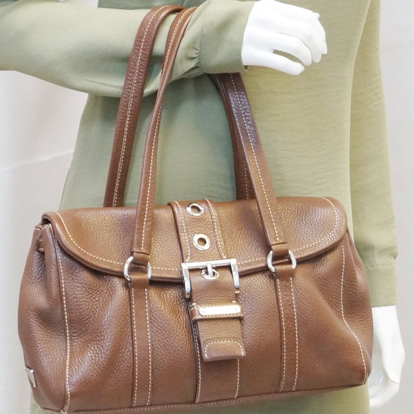 PRADA Brown Leather Grommet Shoulder Bag