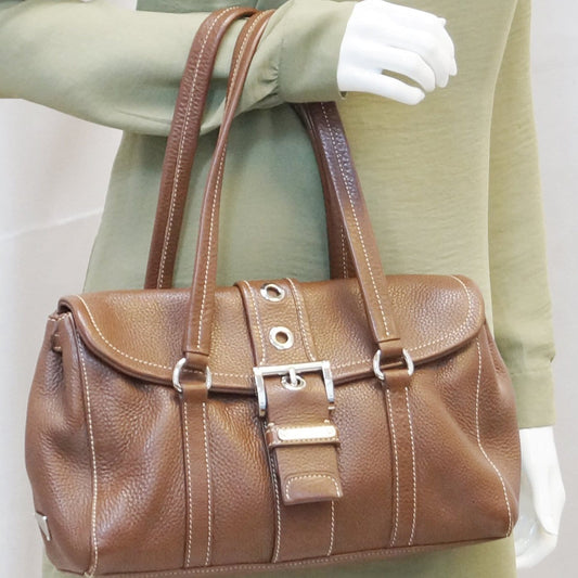PRADA Brown Leather Grommet Shoulder Bag