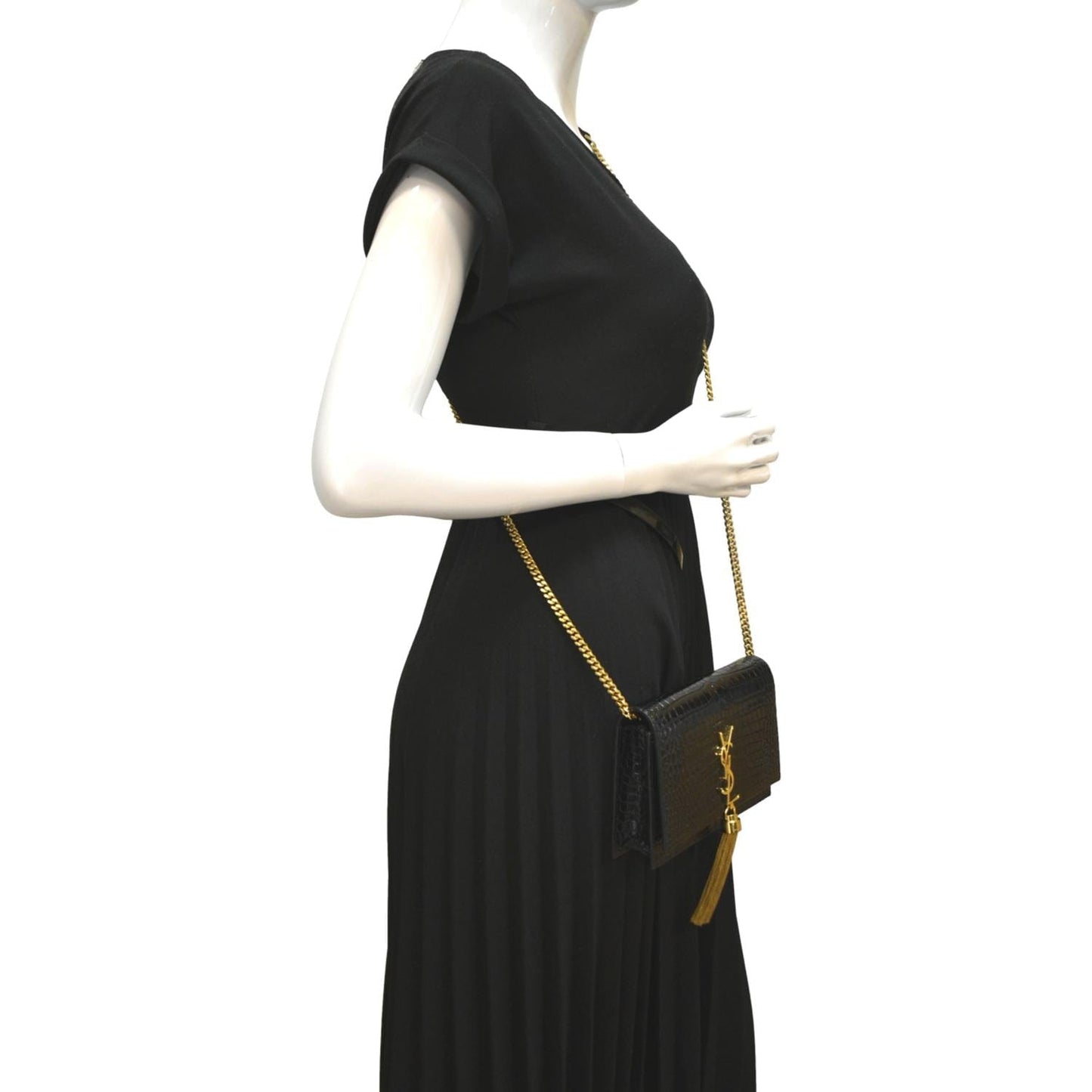 YVES SAINT LAURENT Kate Crocodile Embossed Patent Leather Shoulder Bag Black