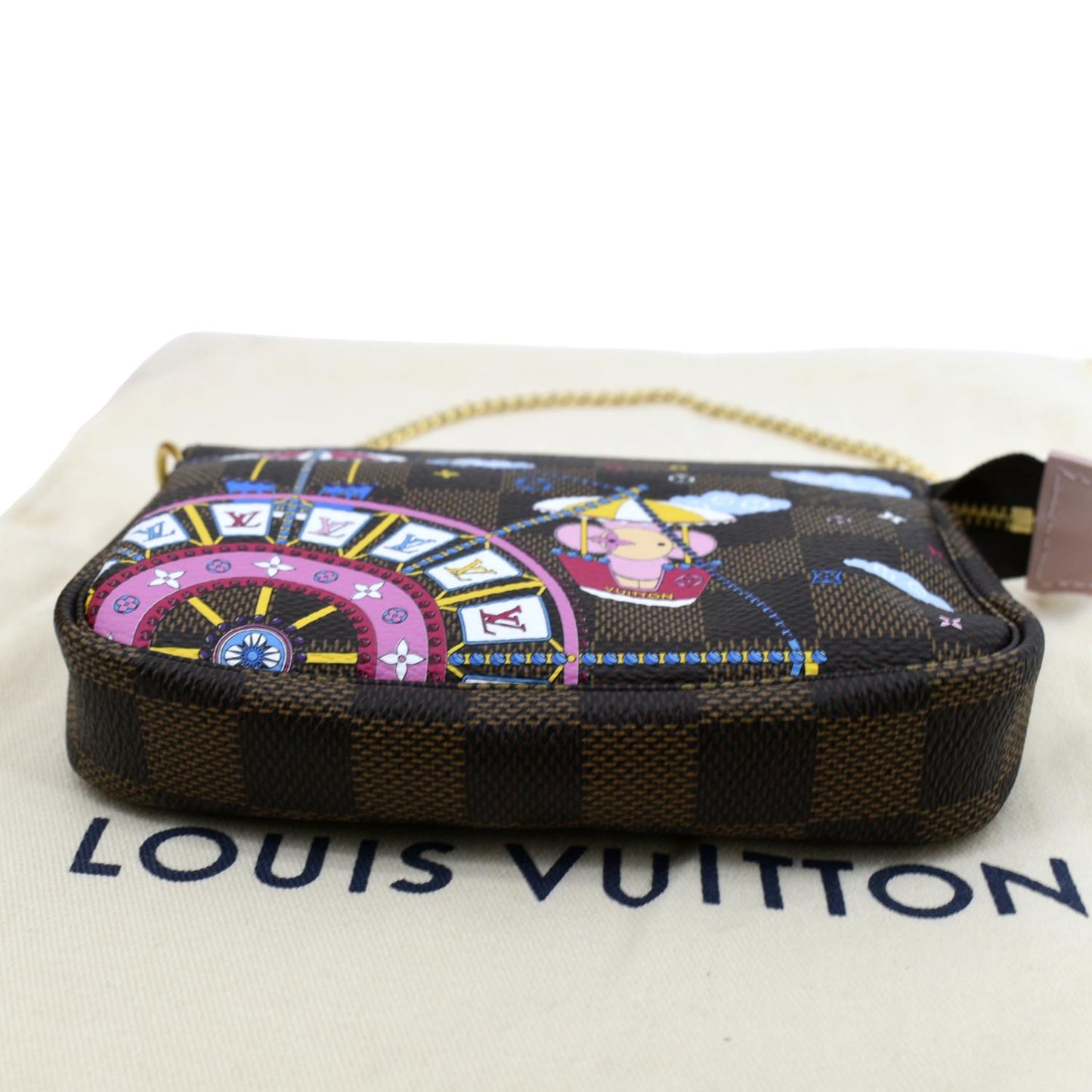 LOUIS VUITTON Christmas Animation Pochette Damier Ebene Accessoires Pouch Rose Ballerine