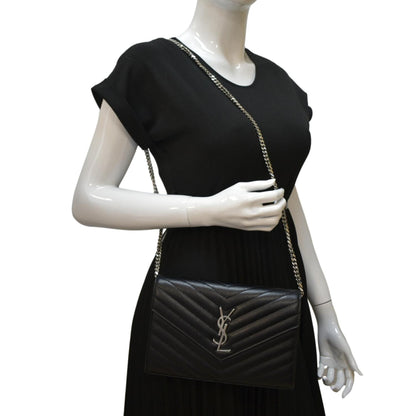 YVES SAINT LAURENT Cassandre Chain Wallet Leather Crossbody Bag Black