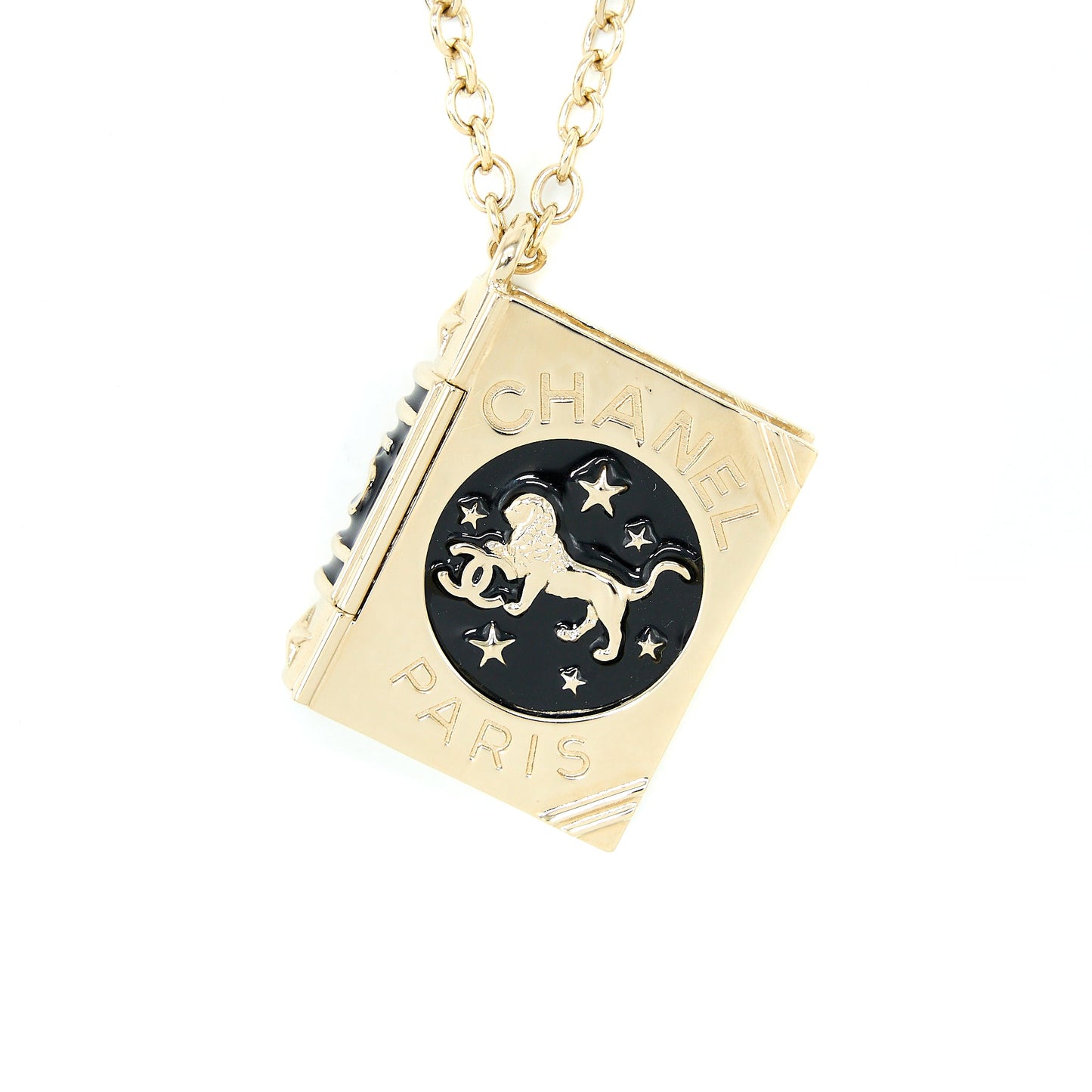 Chanel 22C Book Locket Long Necklace Light Gold Tone