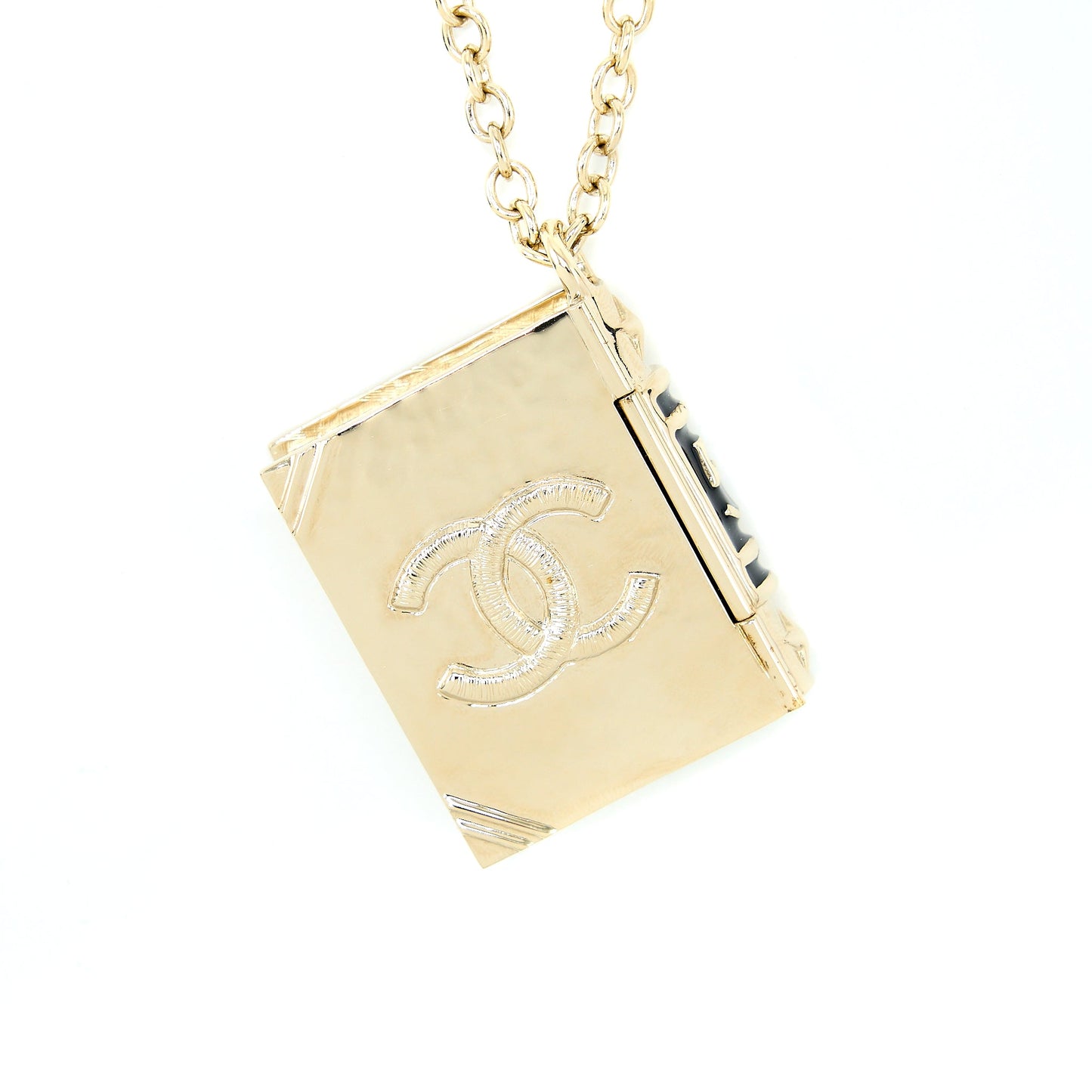 Chanel 22C Book Locket Long Necklace Light Gold Tone