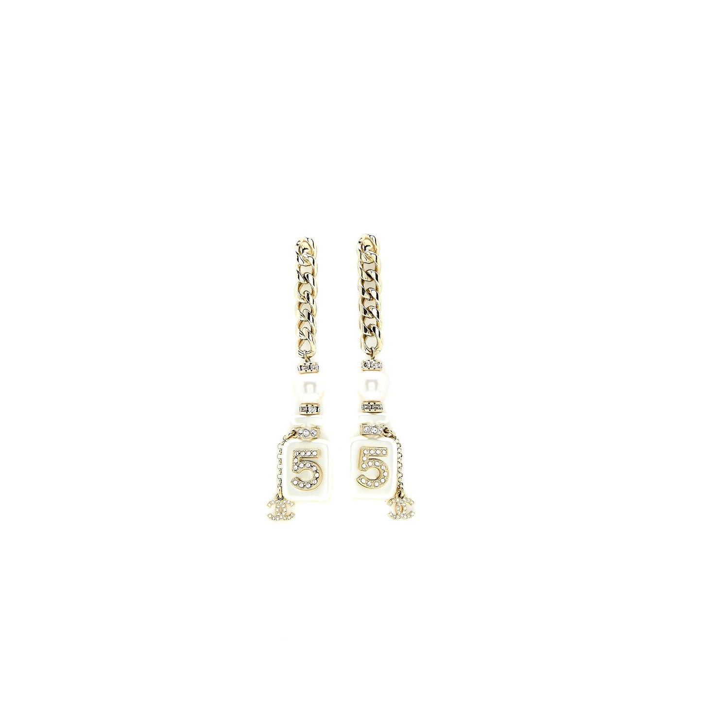 Chanel NO.5 Perfume Bottle Pearl Drop Earrings Light Gold Tone