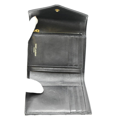YVES SAINT LAURENT Gaby Compact Tri Fold Small Quilted Leather Wallet Black