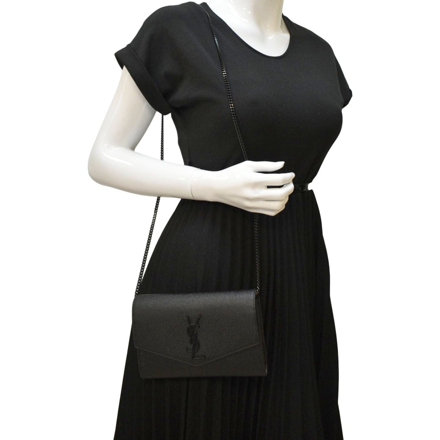 YVES SAINT LAURENT Uptown Gain De Poudre Embossed Leather Crossbody Chain Wallet Black