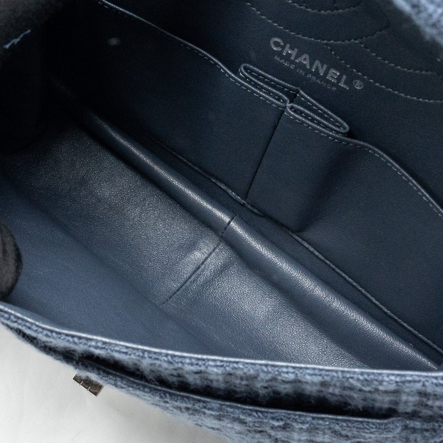 Chanel 2.55 226 reissue double flap bag tweed dark grey / blue ruthenium hardware