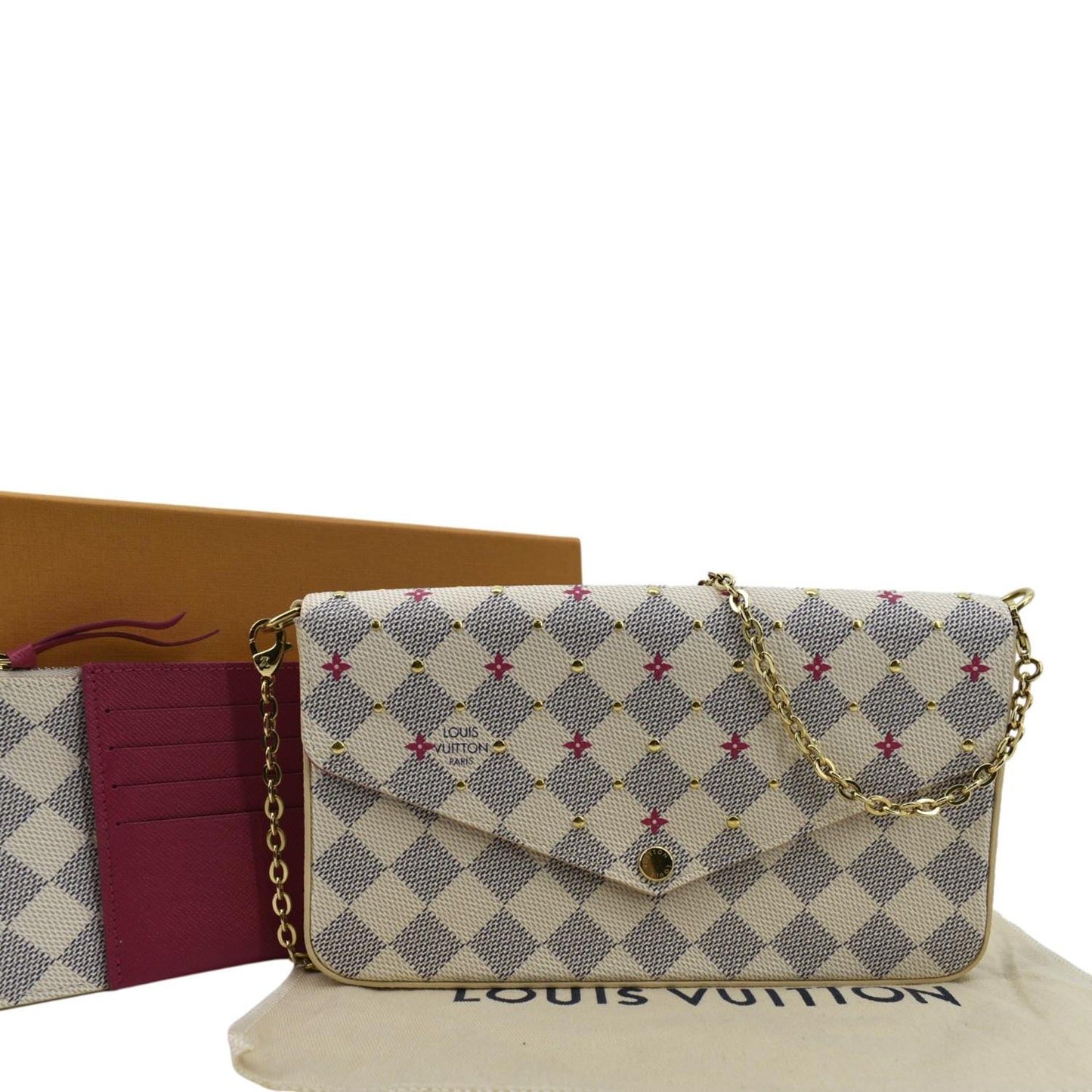 LOUIS VUITTON Studded Pochette Felicie Damier Azur Crossbody Bag White