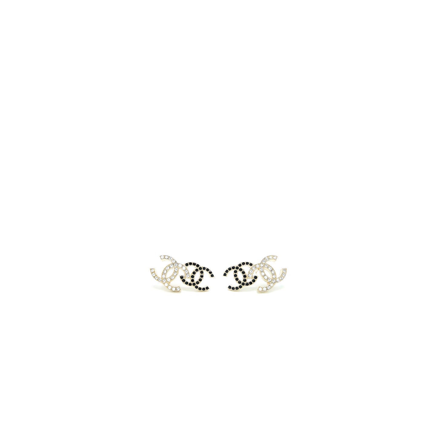 Chanel Double CC Logo Crystal Earrings Black and White Light Gold Tone