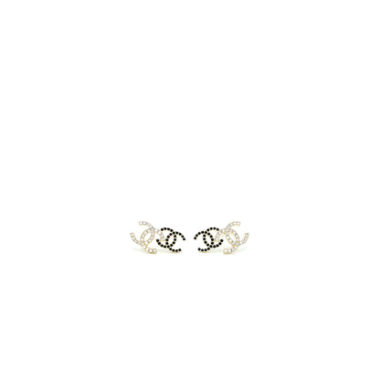 Chanel Double CC Logo Crystal Earrings Black and White Light Gold Tone