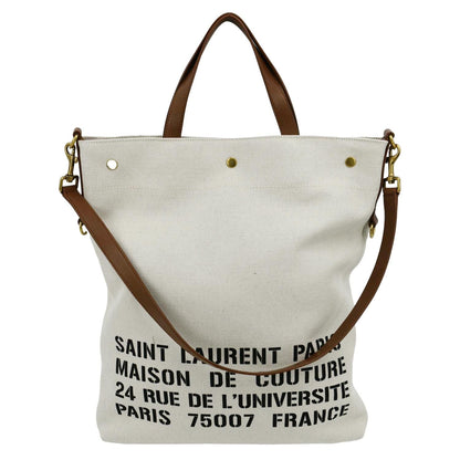 YVES SAINT LAURENT North South Foldable Canvas Smooth Leather Shoulder Bag Naturel