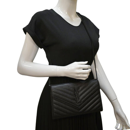 YVES SAINT LAURENT Cassandre Chain Wallet Leather Crossbody Bag Black